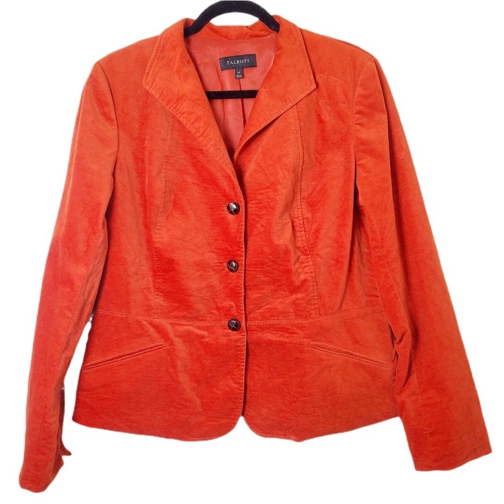 Talbots Persimmon Red Orange Velvet Cotton Three Button Jacket Career Blazer 14